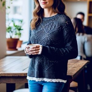 NWT Elie Tahari Open Knit Sweater Eyelet Lace Trim